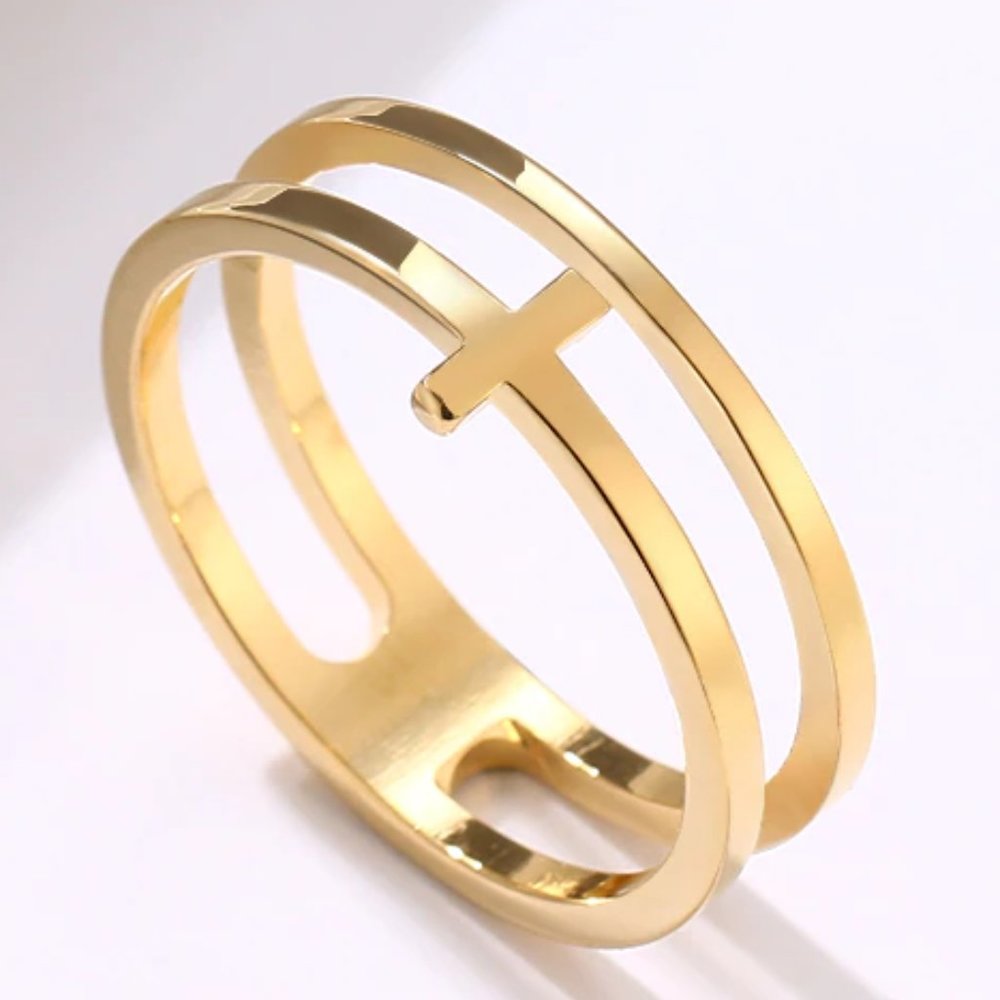 Sideways Cross Double Gold Ring - Stainless Steel - Picture 1 of 4